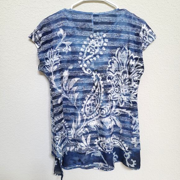 French Blue T Shirt Womens Size Petite Large Floral Stripe Short Sleeve Summer - Picture 2 of 11
